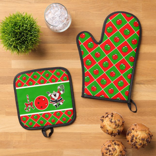 Pickleball Joy Christmas Party Red Green Ornaments Oven Mitt & Pot Holder Set (Top Down)