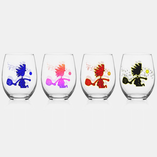 Pickleball Joyful  Drinkware Set Stemless Wine Glass (Front)