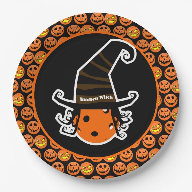 Pickleball Kitchen Witch Cute Pickleball Halloween Paper Plate (Front)