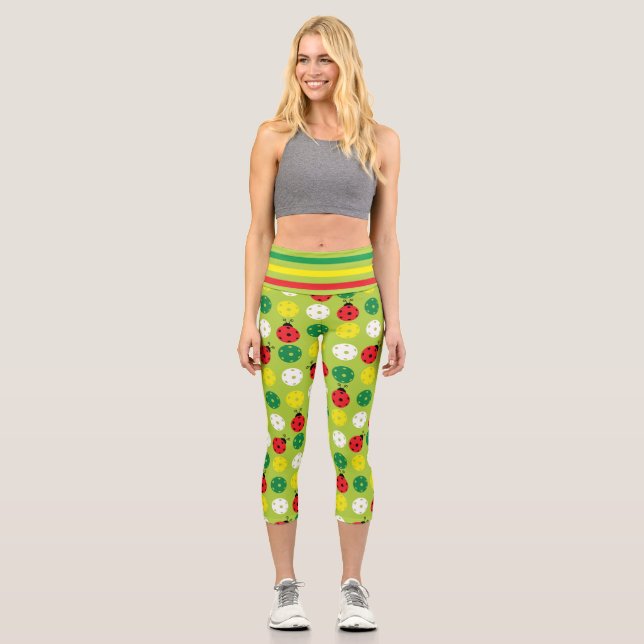 Pickleball ladybugs and picklaballs on fresh green capri leggings (Front)