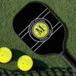Pickleball Legend Custom Quote Name Initial Black Paddle<br><div class="desc">Classic design features two lines of customisable text for "Pickleball Legend" or custom saying of choice and name or custom text in a timeless modern font arched over & under an image of a pickleball in green. Add one or two intials in the centre of the design over the image...</div>
