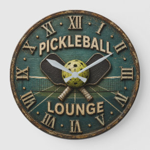 Pickleball Lounge Rustic Paddle & Ball Large Clock
