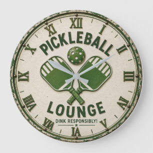 Pickleball Lounge Vintage Pickleball Rustic Paddle Large Clock