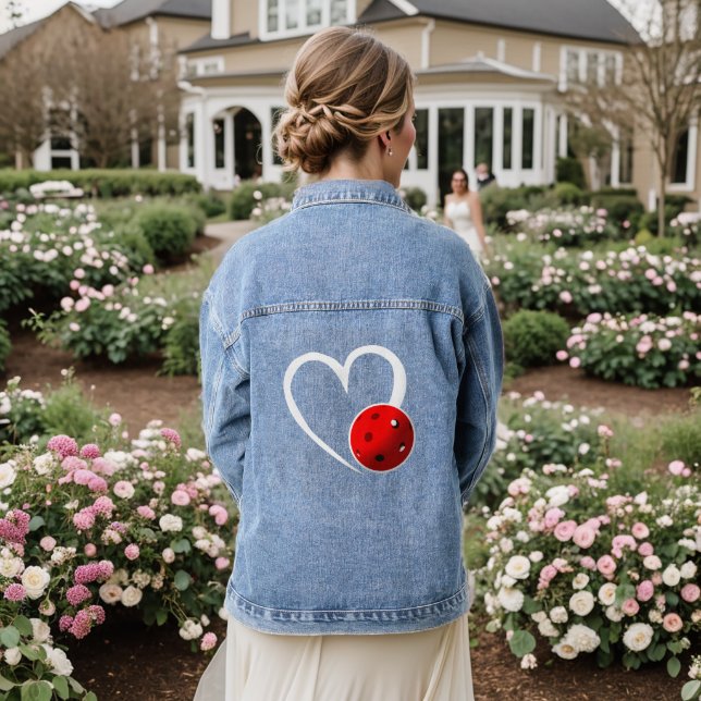 Pickleball Love White Heart Red Pickleball Denim Jacket (Wedding Back)