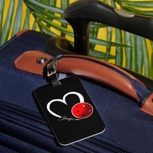Pickleball Love White Heart Red Pickleball Luggage Tag (Front Insitu 1)