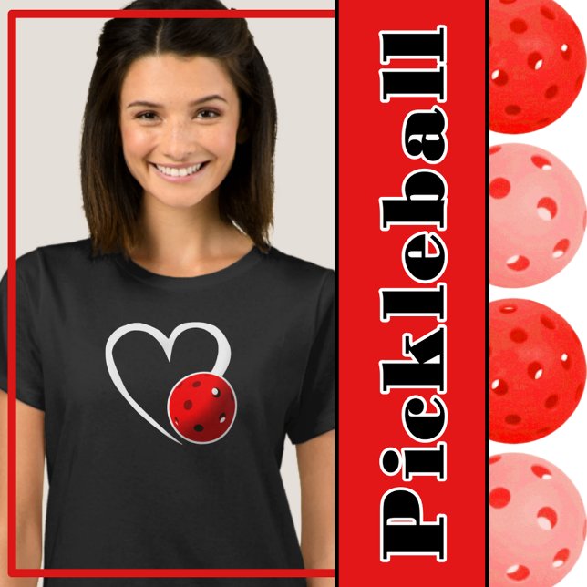 Pickleball Love White Heart Red Pickleball T-Shirt (Pickleball love - pickleball heart with red pickleball)