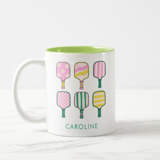 Pickleball Lover Retro Pink Green Personalised Two-Tone Coffee Mug (Left)
