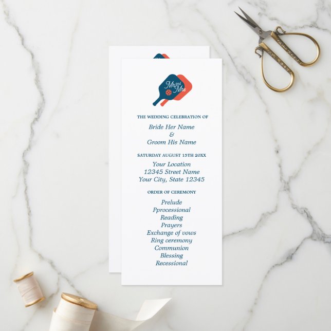 Pickleball lovers wedding ceremony program programme (Front/Back In Situ)
