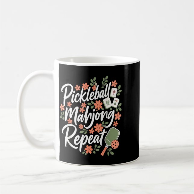 Pickleball Mahjong Repeat Flower Floral Paddle Coffee Mug (Left)