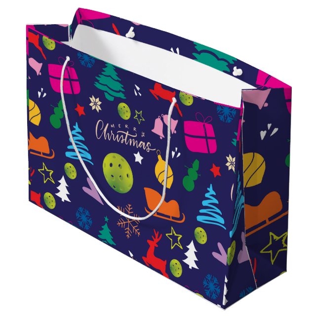  Pickleball🎄 Merry Christmas Wrapping navy blue  Large Gift Bag (Back Angled)