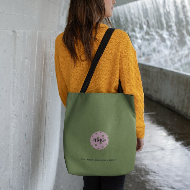 Pickleball Monogram Olive Green & Pink Tote Bag (Creator Uploaded)