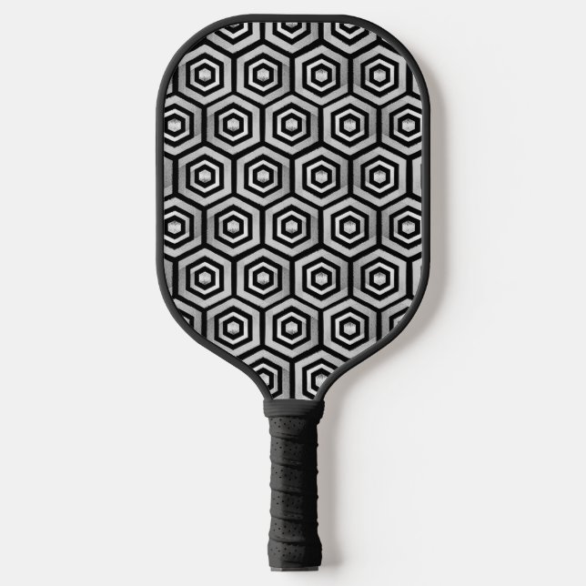 Pickleball Paddle Black White Hexagon Geometric (Front)