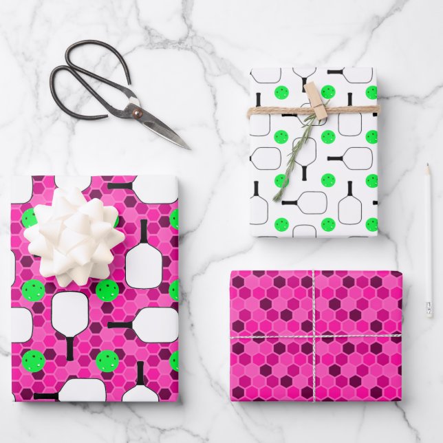 Pickleball Paddle - Magenta Honeycomb Hexagons Wrapping Paper Sheet (Front)