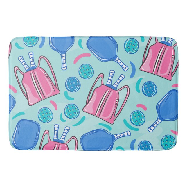 Pickleball Paddles and Balls Blue Bath Mat (Front)