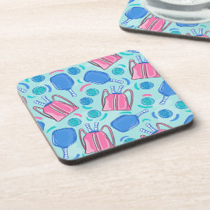 Pickleball Paddles and Balls Blue Beverage Coaster
