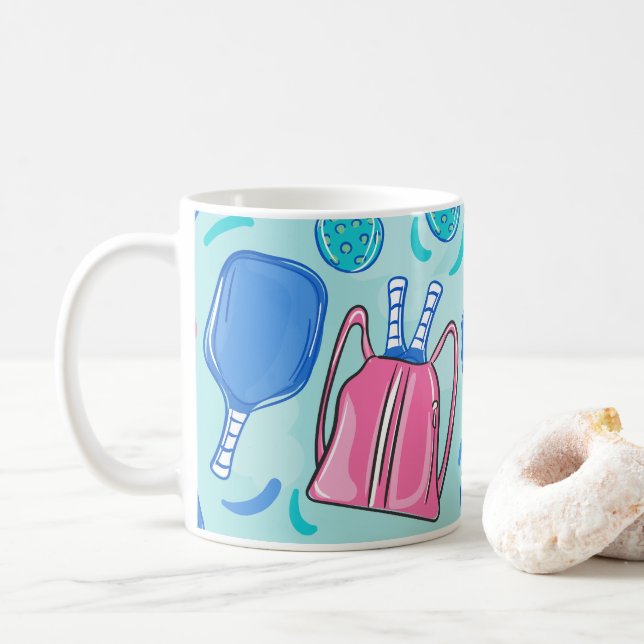Pickleball Paddles and Balls Blue Preppy Coffee Mug (With Donut)