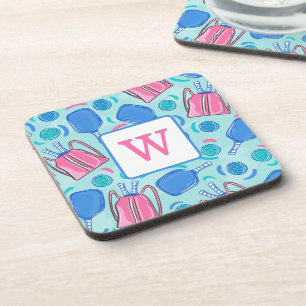 Pickleball Paddles and Balls Blue Preppy Initial Coaster