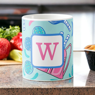 Pickleball Paddles and Balls Blue Preppy Initial Coffee Mug