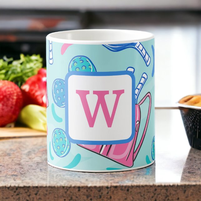 Pickleball Paddles and Balls Blue Preppy Initial Coffee Mug (Creator Uploaded)
