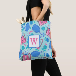 Pickleball Paddles and Balls Blue Preppy Monogram Tote Bag