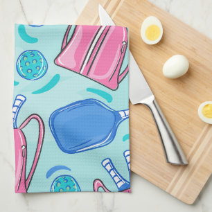Pickleball Paddles and Balls Blue Preppy Tea Towel