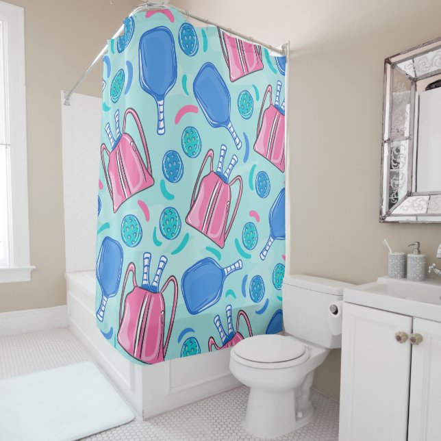 Pickleball Paddles and Balls Blue Shower Curtain (In Situ)