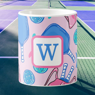Pickleball Paddles and Balls Pink Preppy Initial Coffee Mug