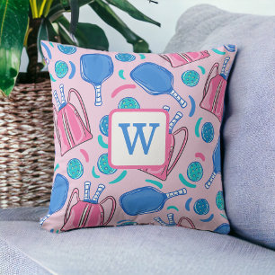 Pickleball Paddles and Balls Pink Preppy Initial Cushion