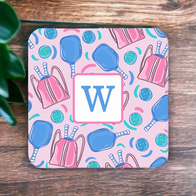 Pickleball Paddles and Balls Pink Preppy Initial Square Paper Coaster (Creator Uploaded)