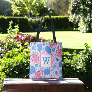 Pickleball Paddles and Balls Pink Preppy Initial Tote Bag