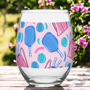 Pickleball Paddles and Balls Pink Preppy  Stemless Wine Glass
