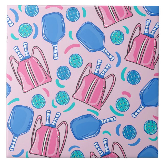 Pickleball Paddles and Balls Pink Preppy Tile (Front)