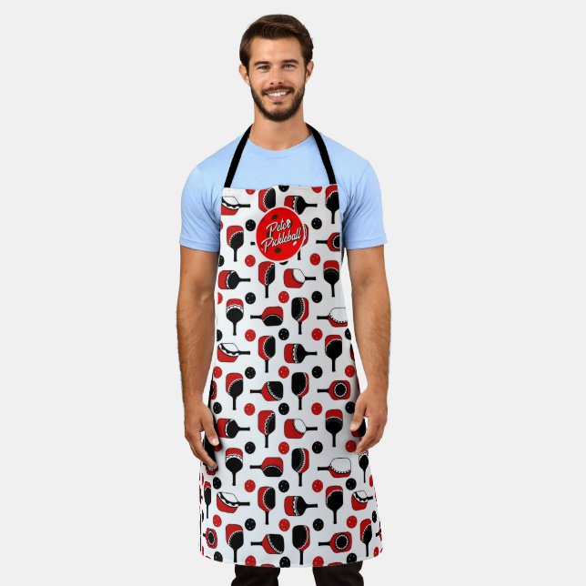 Pickleball Paddles Balls Black Red Personalised Apron (Worn)