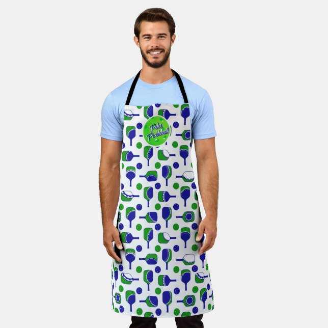 Pickleball Paddles Balls Blue Green Personalised Apron (Worn)