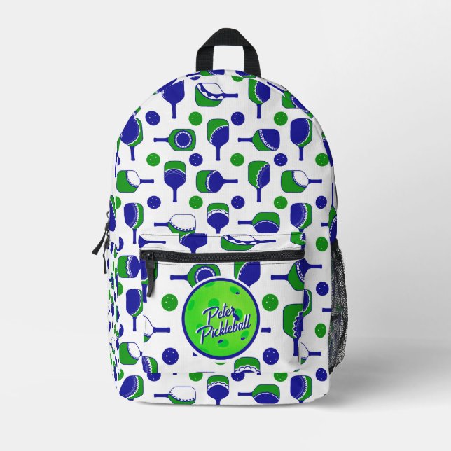 Pickleball Paddles Balls Blue Green Personalised Printed Backpack (Front)