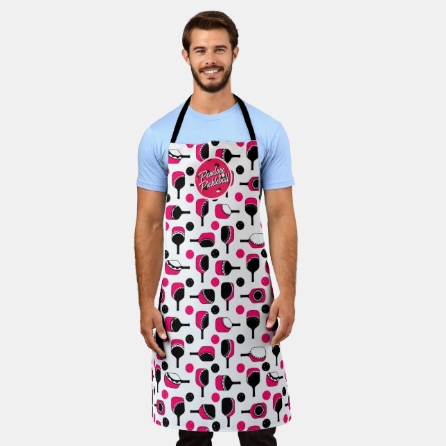Pickleball Paddles Balls Pink Black Personalised Apron (Worn)