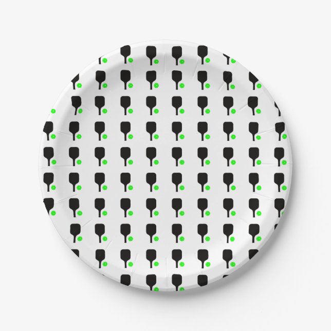 Pickleball paddles & green balls paper plate (Front)