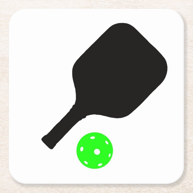 Pickleball paddles & green balls square paper coaster (Front)
