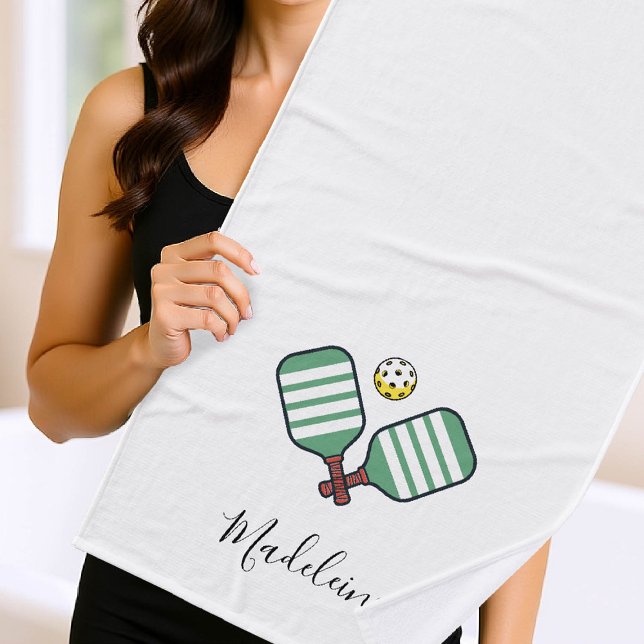 Pickleball Paddles Green Stripes Personalised Gift Bath Towel (pickleball gift personalized towel paddles ball name calligraphy modern chic)