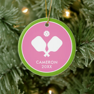 Pickleball Paddles Logo Pink Green Personalised Ceramic Tree Decoration
