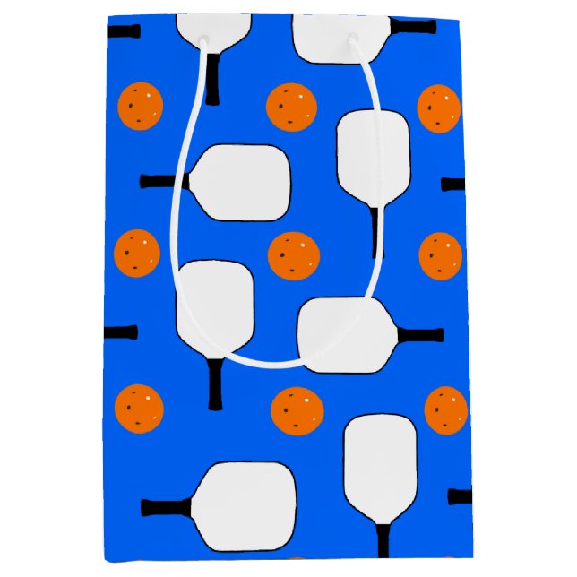 Pickleball Paddles, Orange Pickleball Balls, Blue Medium Gift Bag (Front)