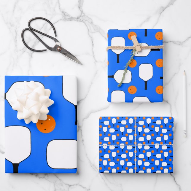 Pickleball Paddles, Orange Pickleball Balls, Blue Wrapping Paper Sheet (Front)