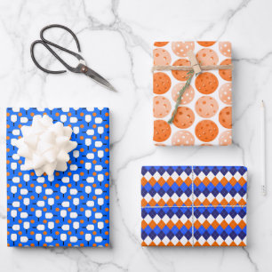 Pickleball Paddles, Orange Pickleball Balls, Blue  Wrapping Paper Sheet