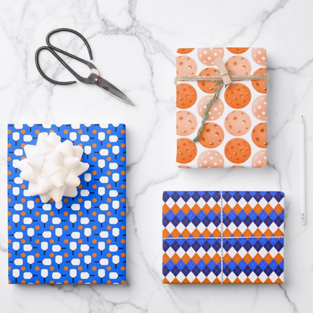 Pickleball Paddles, Orange Pickleball Balls, Blue  Wrapping Paper Sheet (Front)