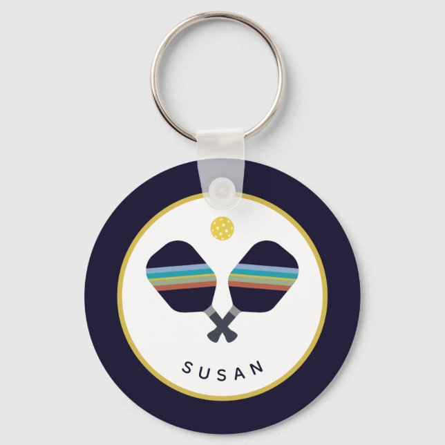 Pickleball Paddles Personalised Name Blue Yellow Key Ring (Front)