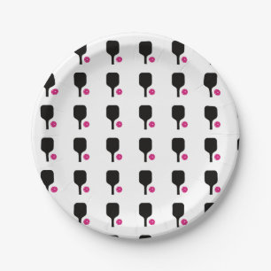 Pickleball paddles & pink balls paper plate