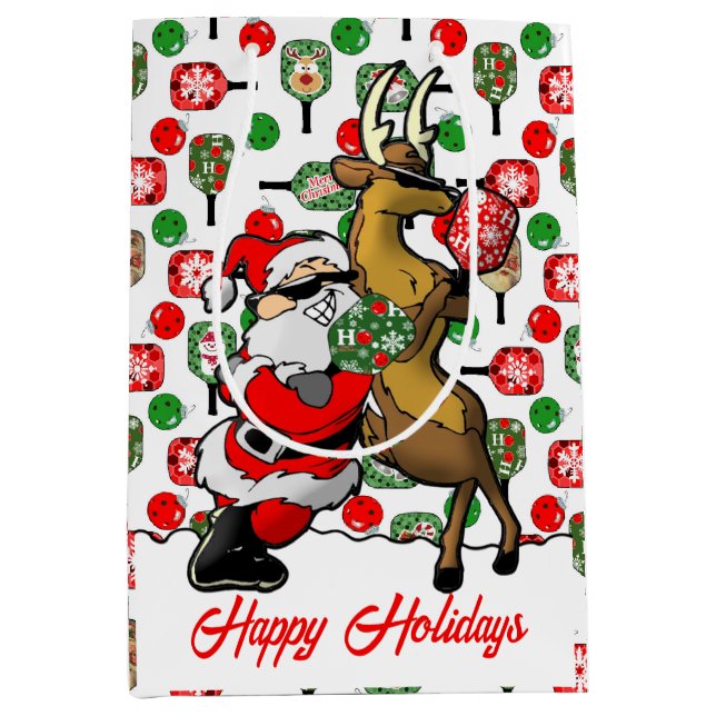 Pickleball Partners Santa & Reindeer Sleighing It  Medium Gift Bag (Front)
