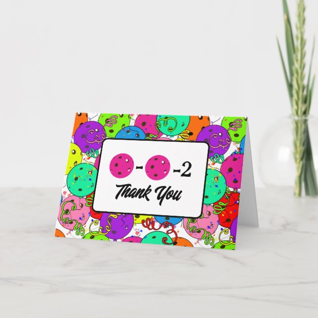 Pickleball Party Balloons Confetti 0-0-2 Magenta Thank You Card (Front)
