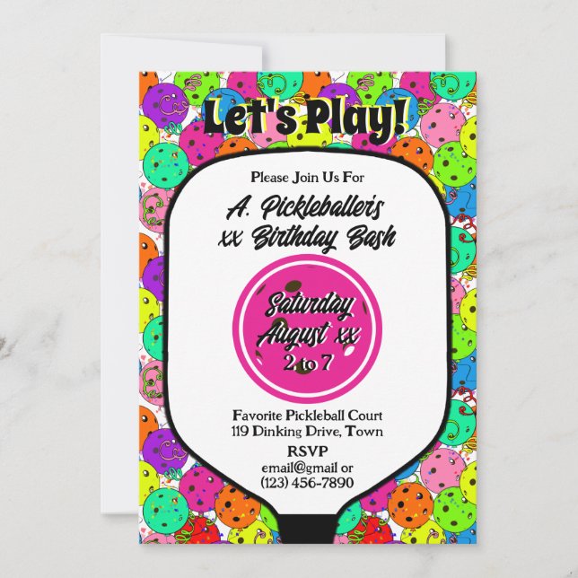 Pickleball Party Balloons Confetti Magenta Photo Invitation (Front)