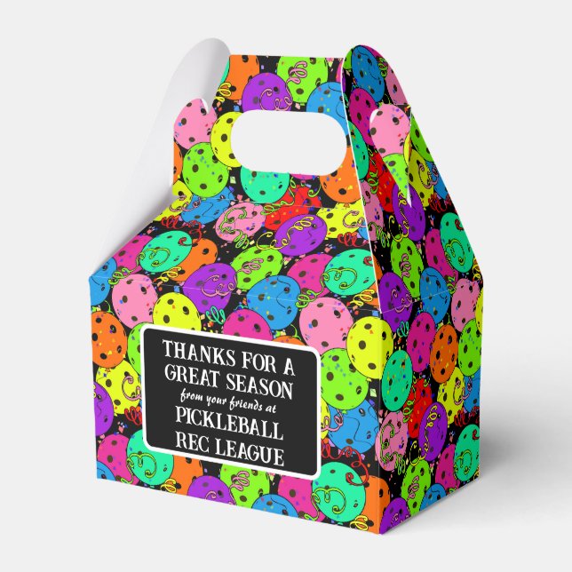 Pickleball Party Balloons on Black Thank You Favour Box (Front Side)